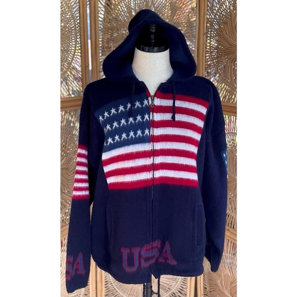 Tejidos Ruminahui Ecuadorian Navy Blue Wool USA American Flag Hoodie Jacket - Picture 6 of 6